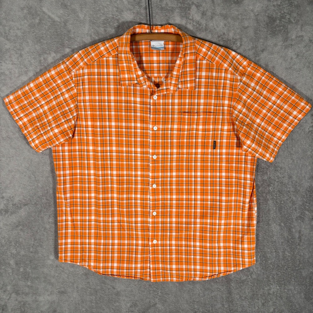 Columbia Mens XXL Orange Plaid Short Sleeve Button Down Cotton Shirt XM7818